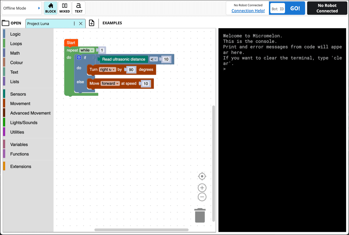 Block-based coding view with drag and drop blocks