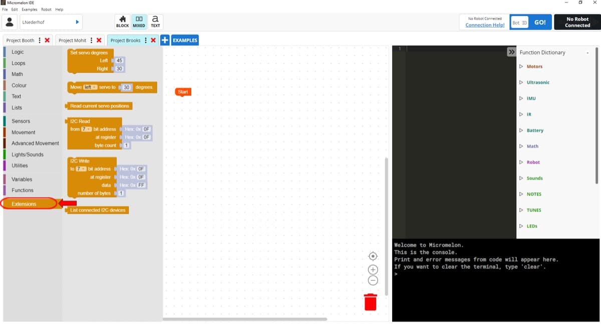 Micromelon Code Editor showing block-based coding interface