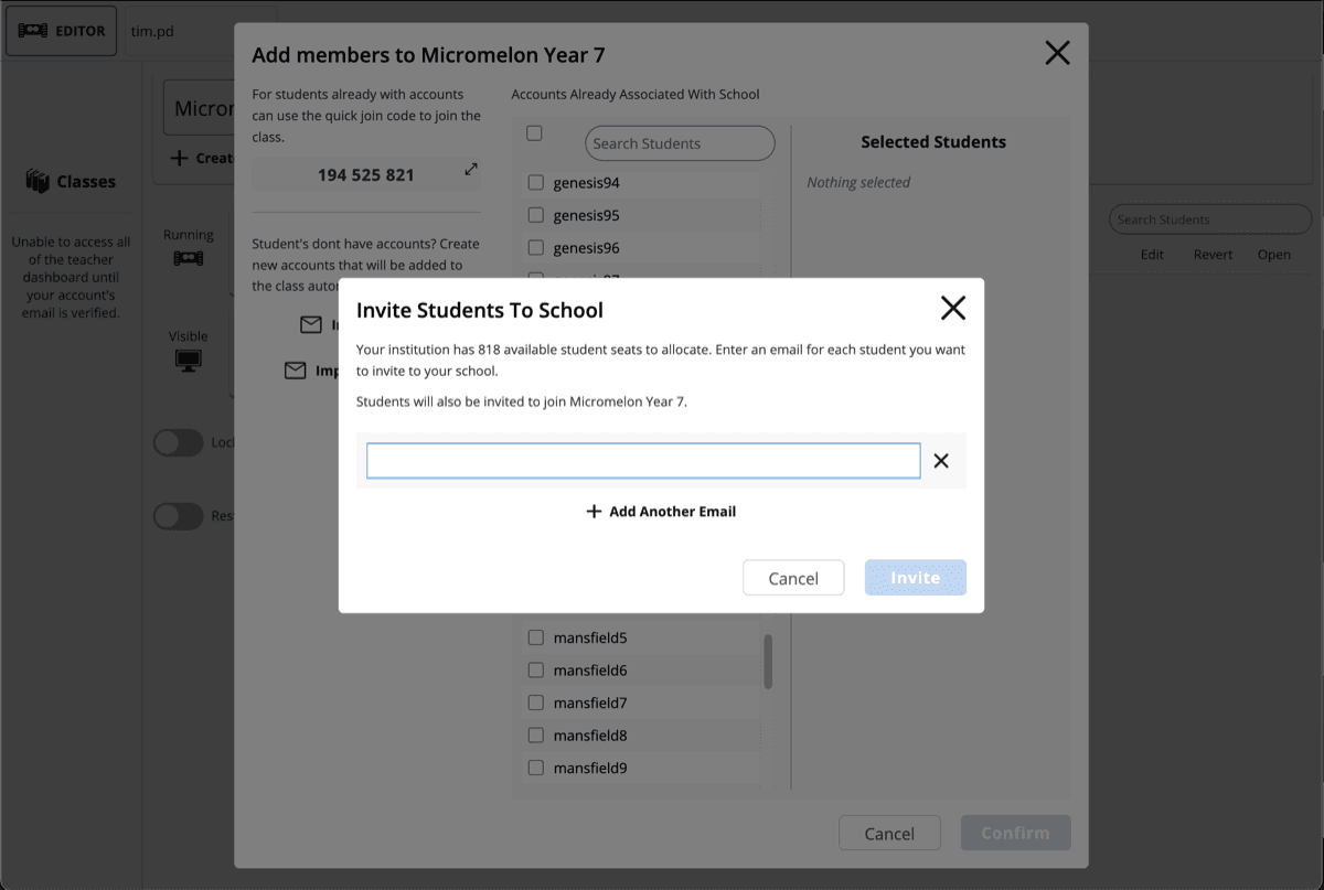 Adding students to a class and inviting them via email