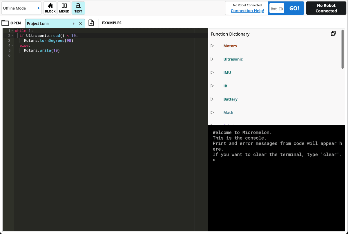 Text-based Python coding with syntax highlighting and Function Dictionary