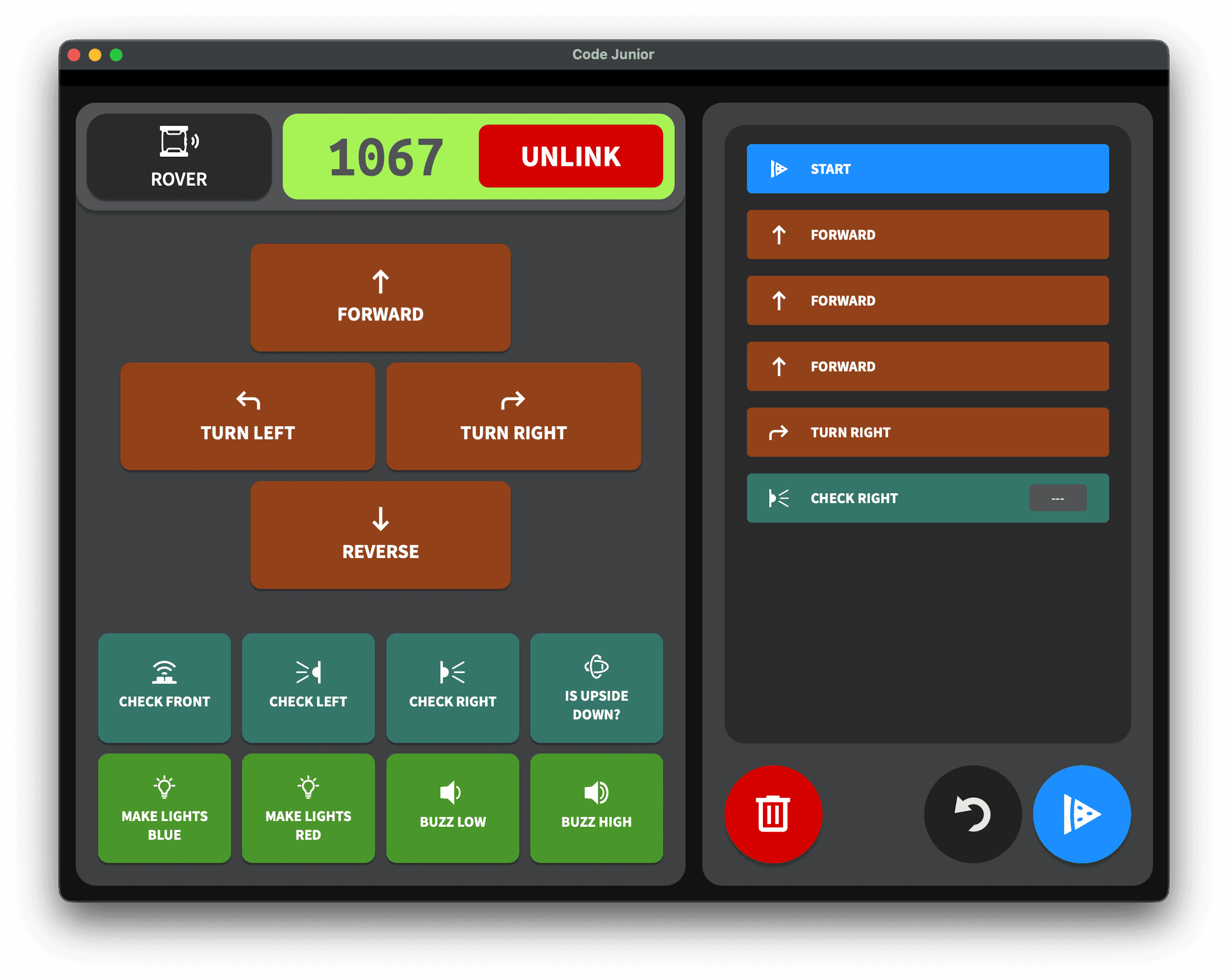 Micromelon Junior block programming interface with movement and sensor blocks