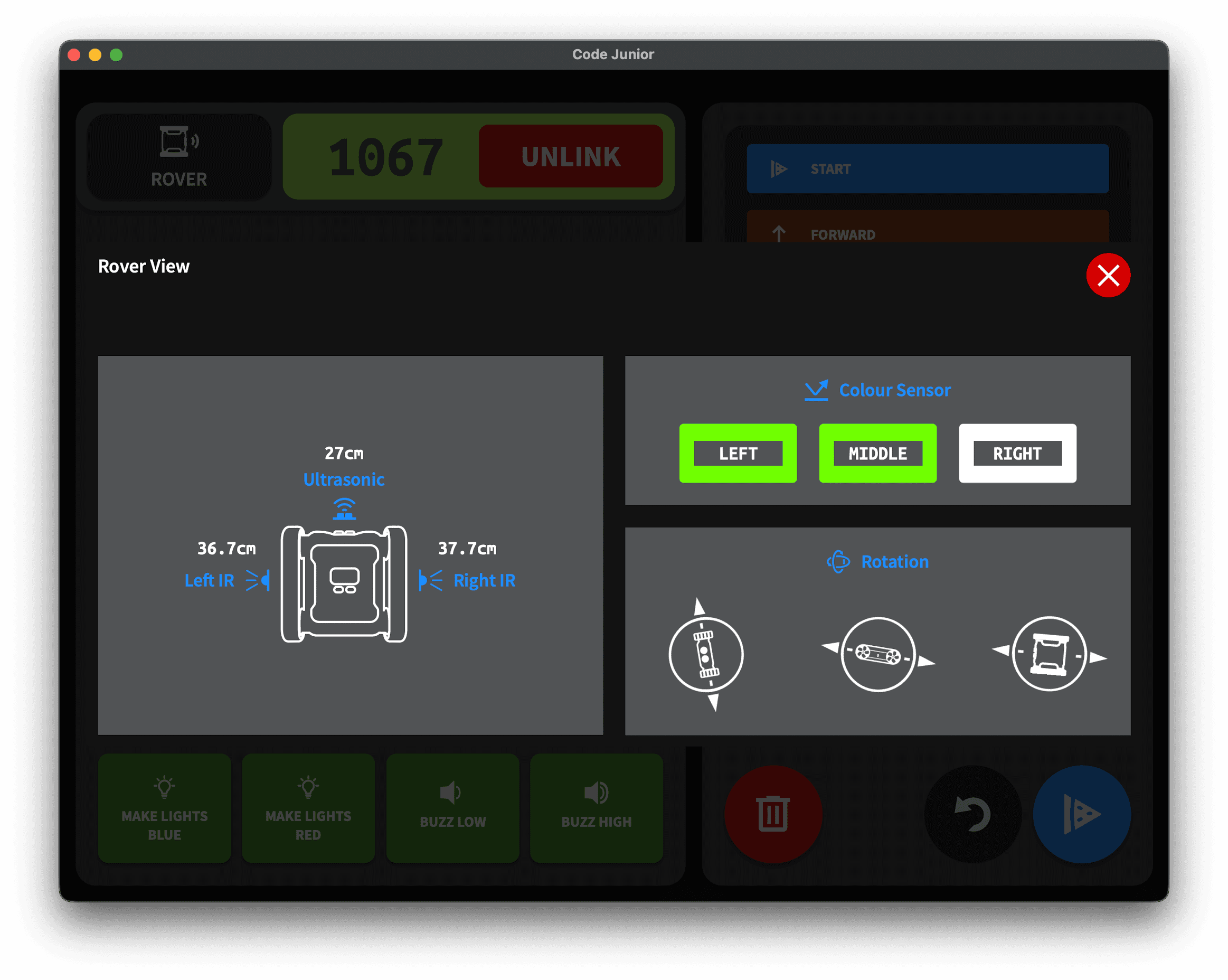 Micromelon Junior Rover View showing ultrasonic, IR, and colour sensor readings