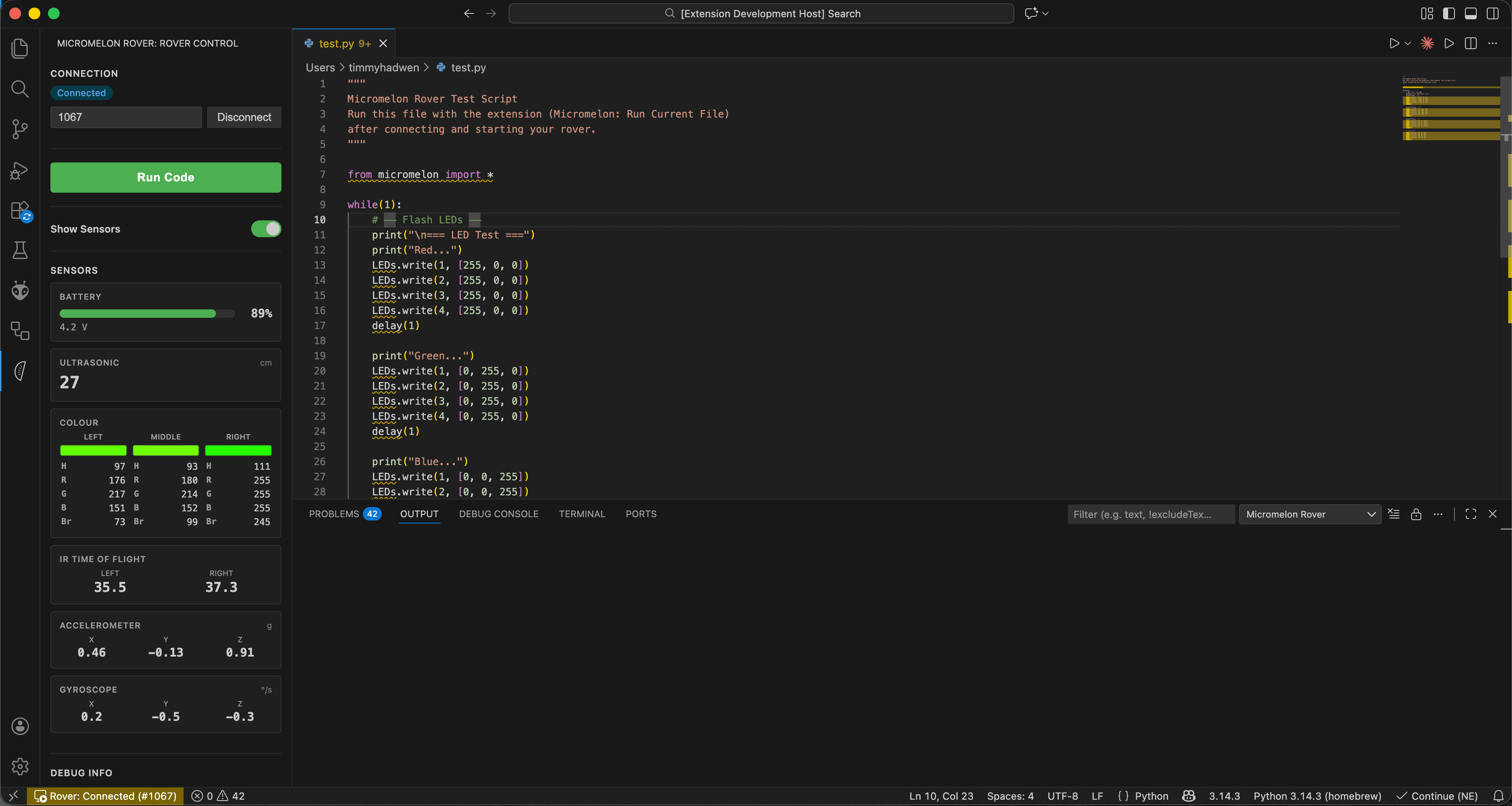Micromelon VS Code extension showing rover connection, code, and live sensor data