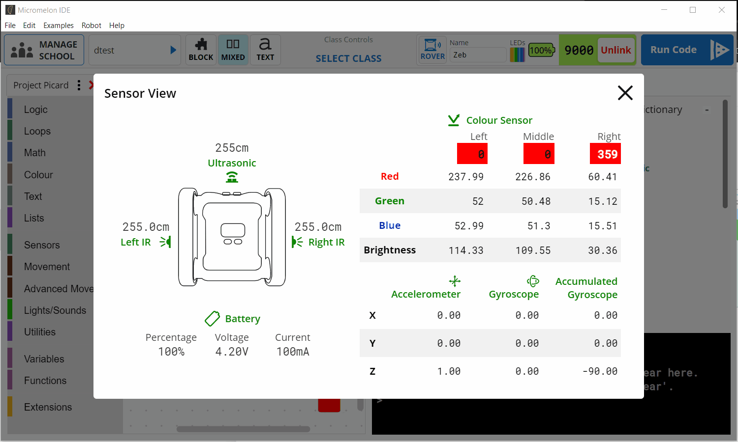 Sensor view showing real-time data from the rover