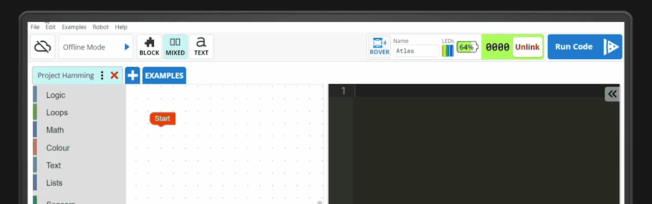 Micromelon Code Editor showing block and text coding side by side